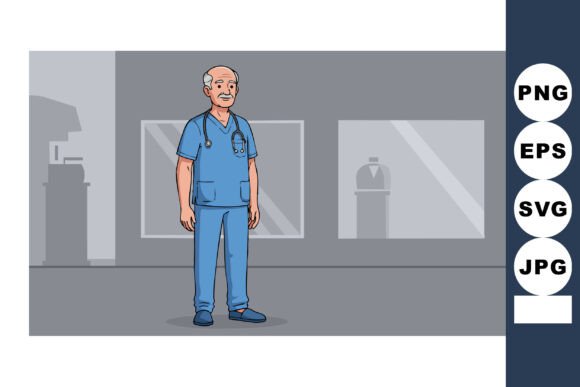Elderly Male Nurse in Blue Scrubs Standi